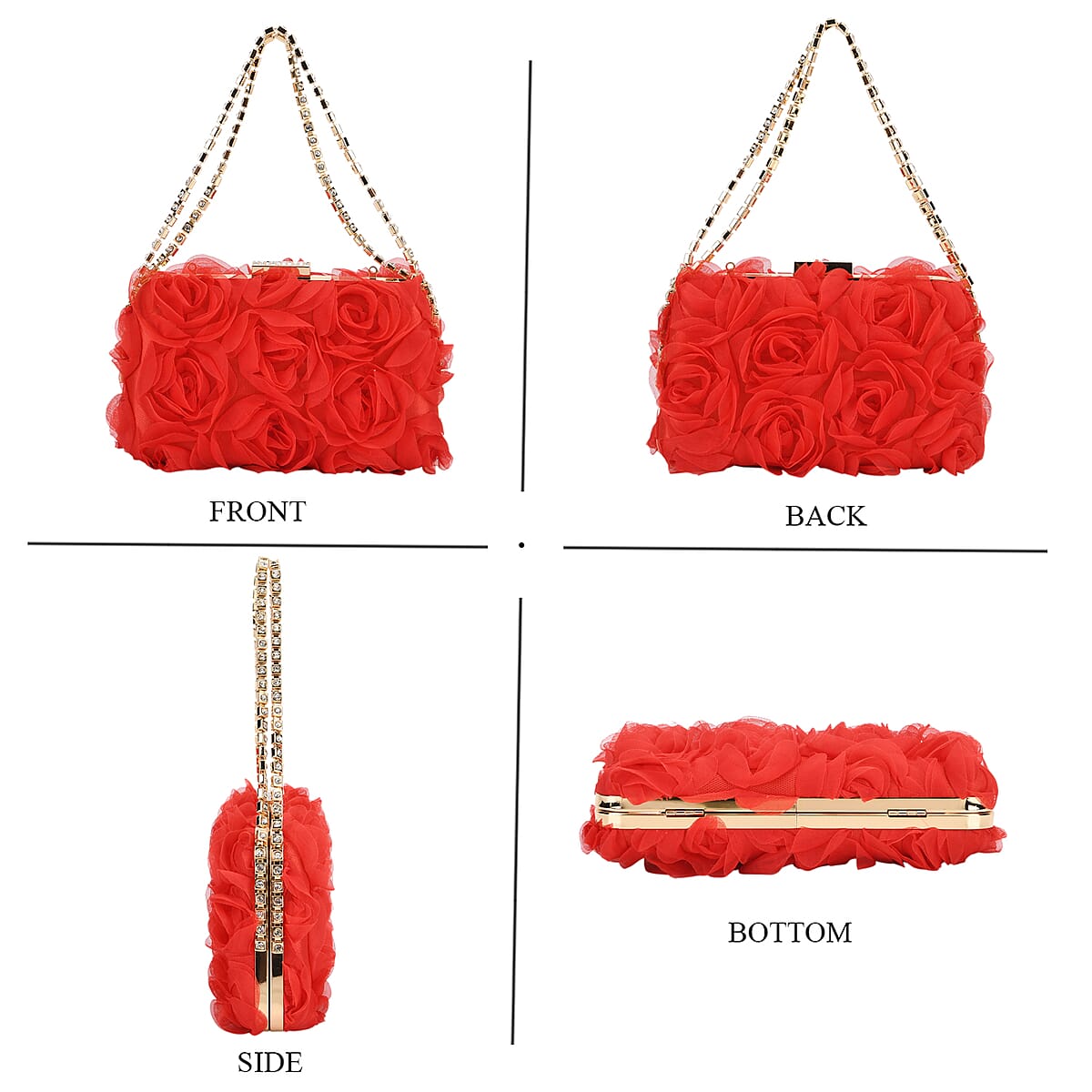 Red 3D Flower Crystal Evening Clutch Bag with Shoulder Chain Strap image number 4