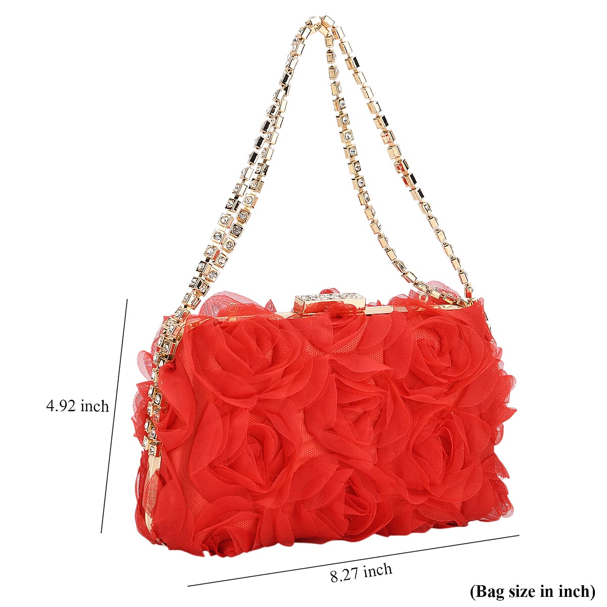 Red 3D Flower Crystal Evening Clutch Bag with Shoulder Chain Strap image number 6