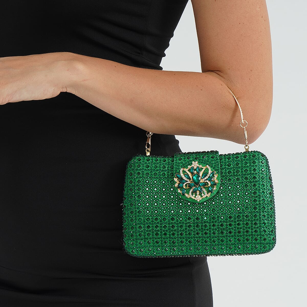 Doorbuster Green Gorgeous Crystal Clutch Bag with Shoulder Chain Strap image number 3