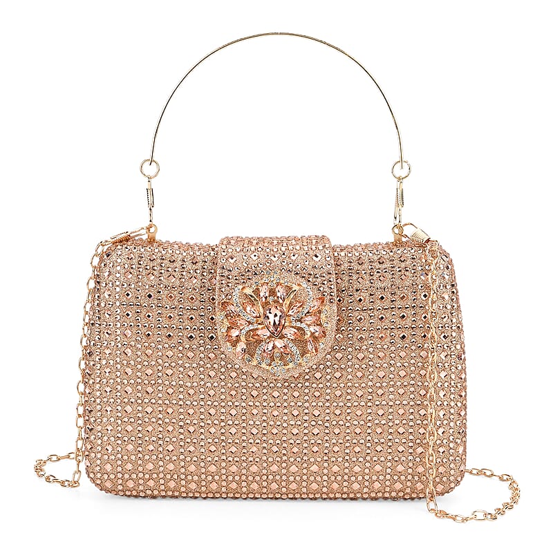  Champagne Gorgeous Crystal Clutch Bag with Shoulder Chain Strap