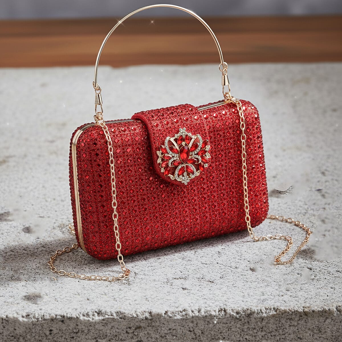  Red Gorgeous Crystal Clutch Bag with Shoulder Chain Strap image number 1