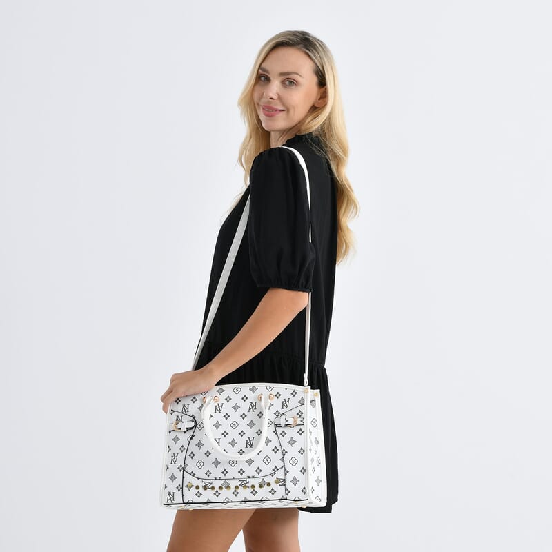 La Marey White with S Pattern Faux Leather Crossbody Bag with Shoulder Strap