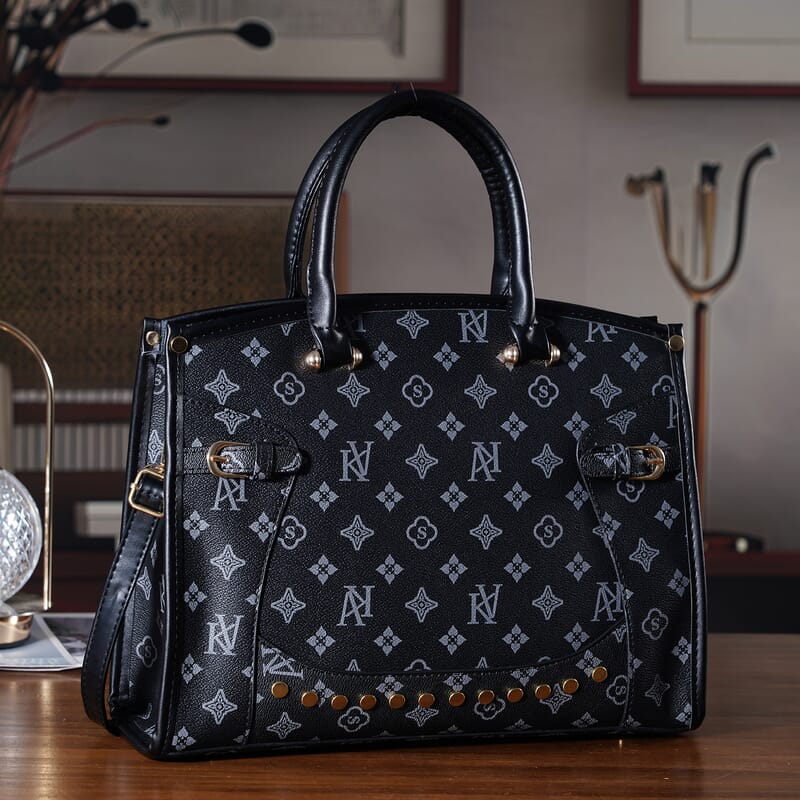La Marey Navy with KV Pattern Faux Leather Crossbody Bag with Shoulder Strap