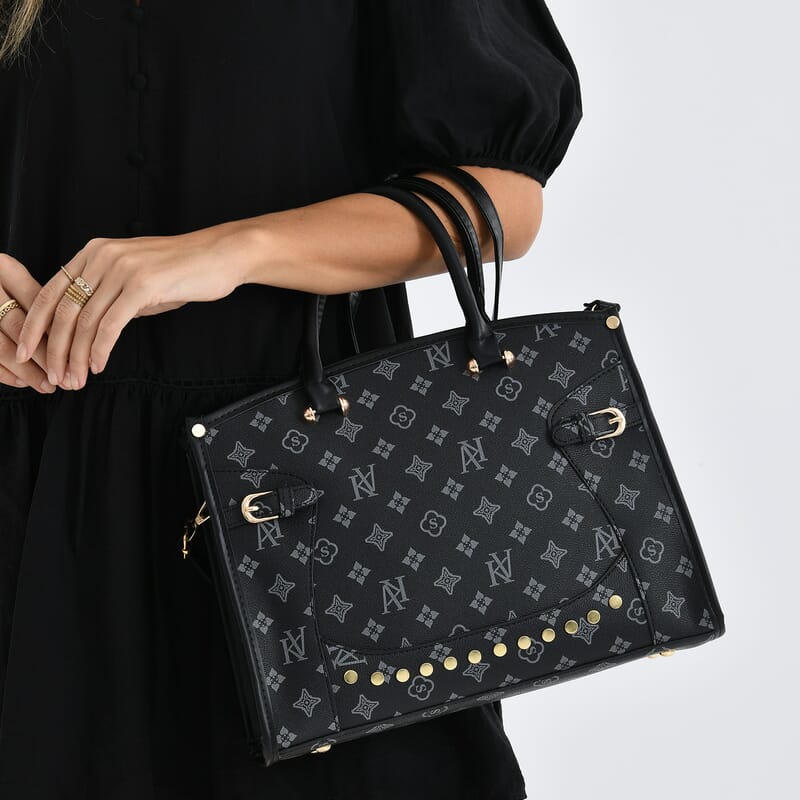 La Marey Navy with KV Pattern Faux Leather Crossbody Bag with Shoulder Strap
