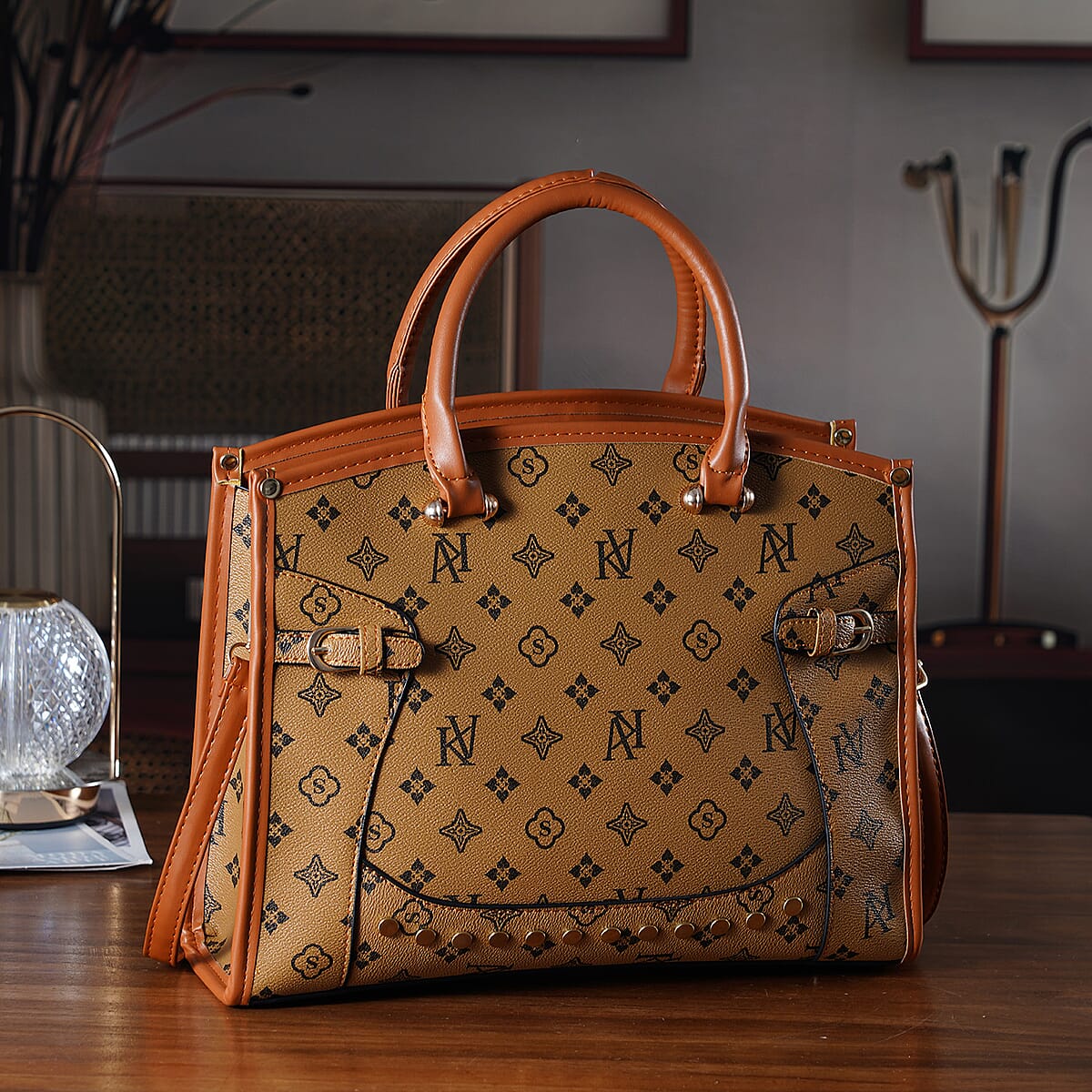 Warehouse Blowout Deal La Marey Brown with S Pattern Faux Leather Crossbody Bag with Shoulder Strap image number 1