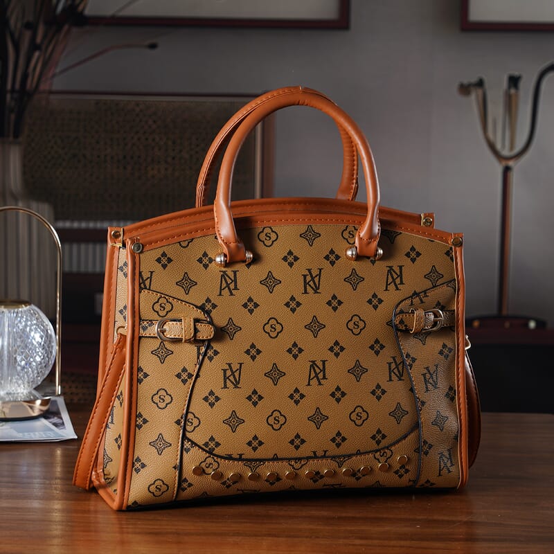 La Marey Brown with S Pattern Faux Leather Crossbody Bag with Shoulder Strap