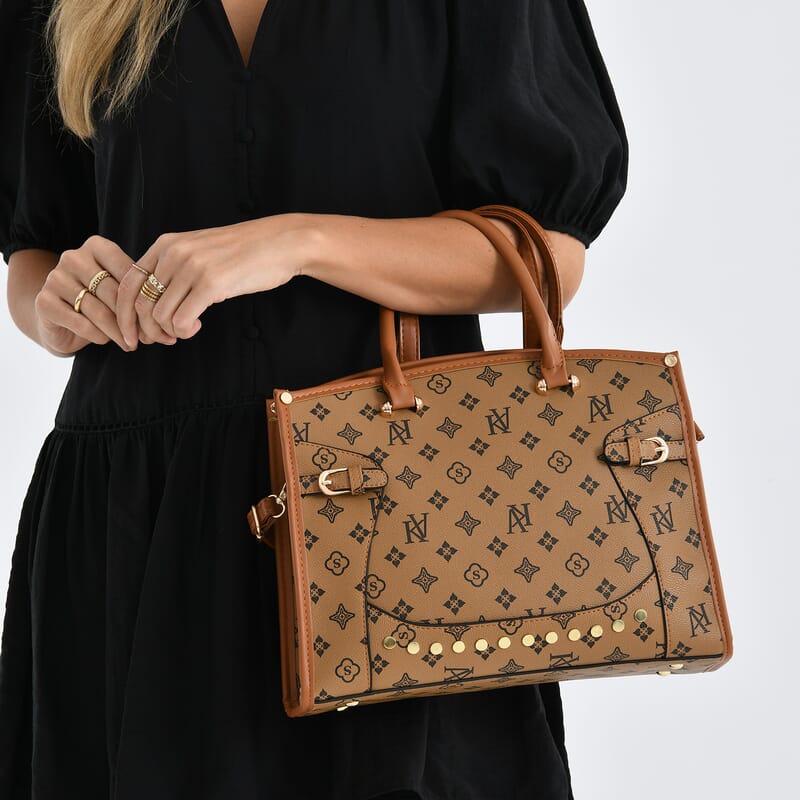 La Marey Brown with S Pattern Faux Leather Crossbody Bag with Shoulder Strap
