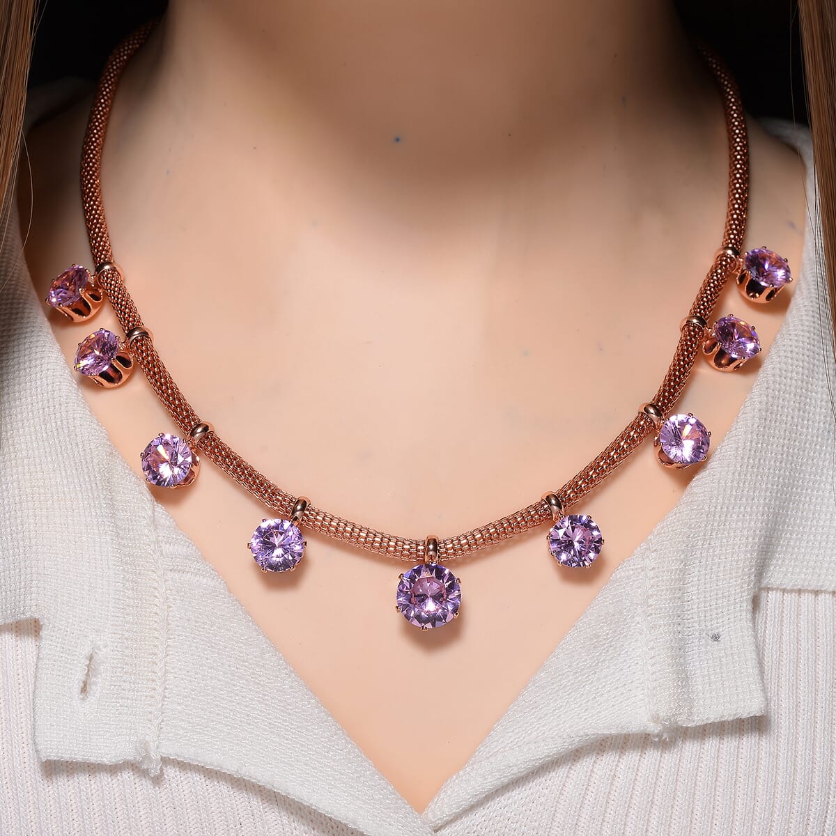 Pink Austrian Crystal Charm Necklace in Rosetone 20-22 Inches image number 1