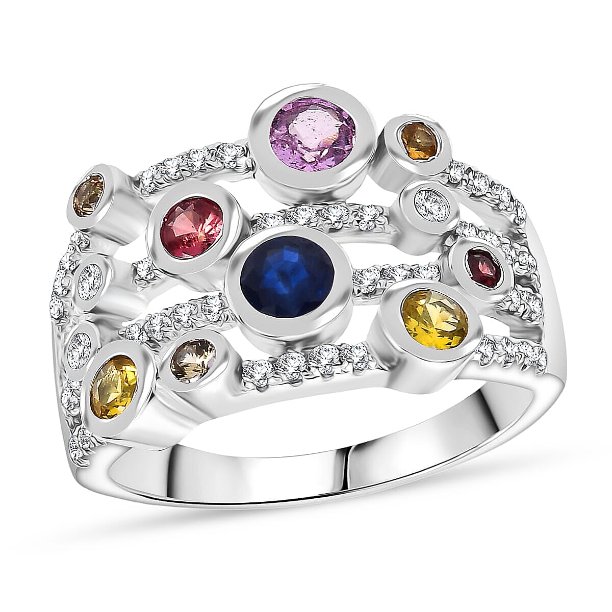 Multi Sapphire, Moissanite Ring in Rhodium Over Sterling Silver (Size 8.0) 1.50 ctw
