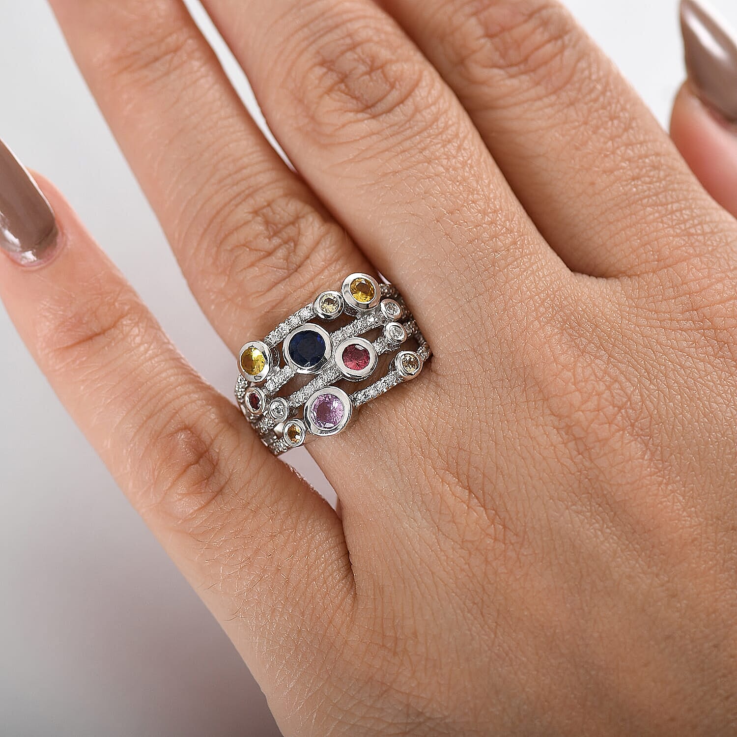 Multi Sapphire, Moissanite Ring in Rhodium Over Sterling Silver (Size 8.0) 1.50 ctw