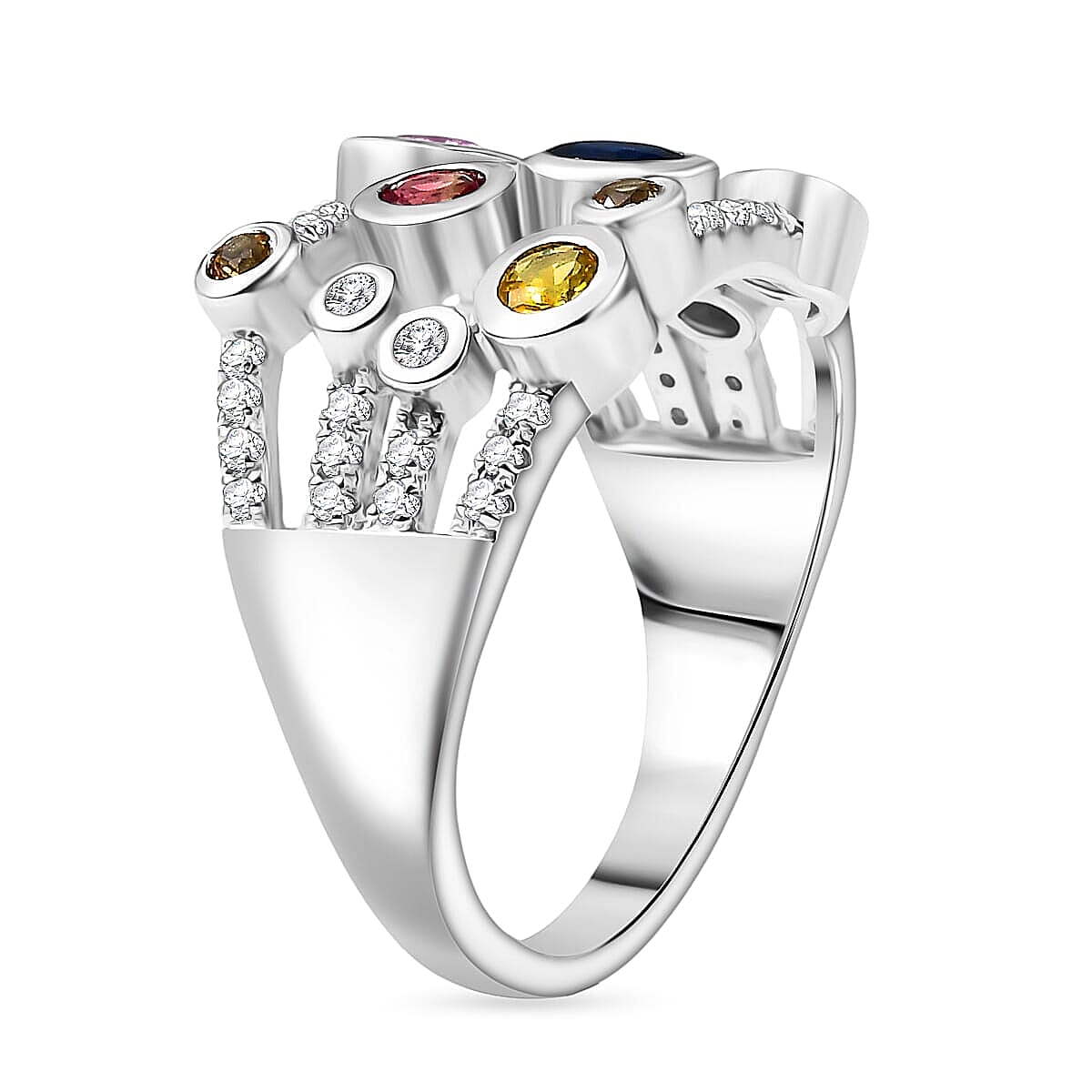 Multi Sapphire, Moissanite Ring in Rhodium Over Sterling Silver (Size 8.0) 1.50 ctw