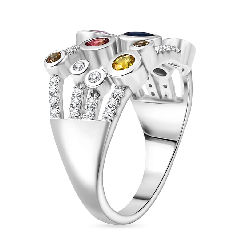 Multi Sapphire, Moissanite Ring in Rhodium Over Sterling Silver (Size 8.0) 1.50 ctw