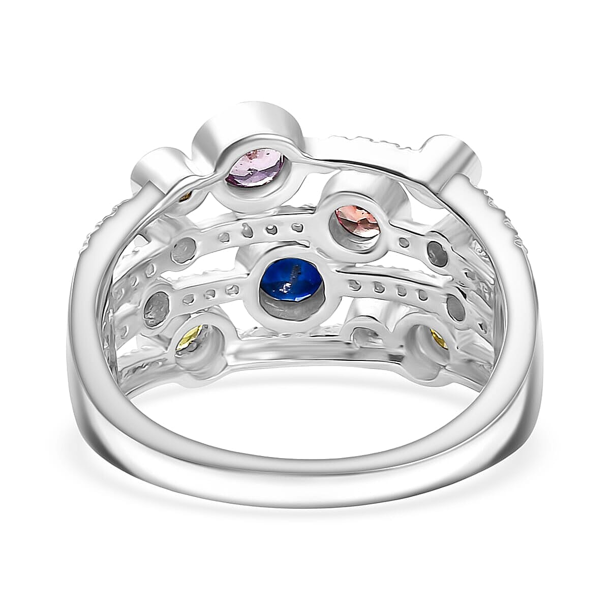 Multi Sapphire, Moissanite Ring in Rhodium Over Sterling Silver (Size 8.0) 1.50 ctw