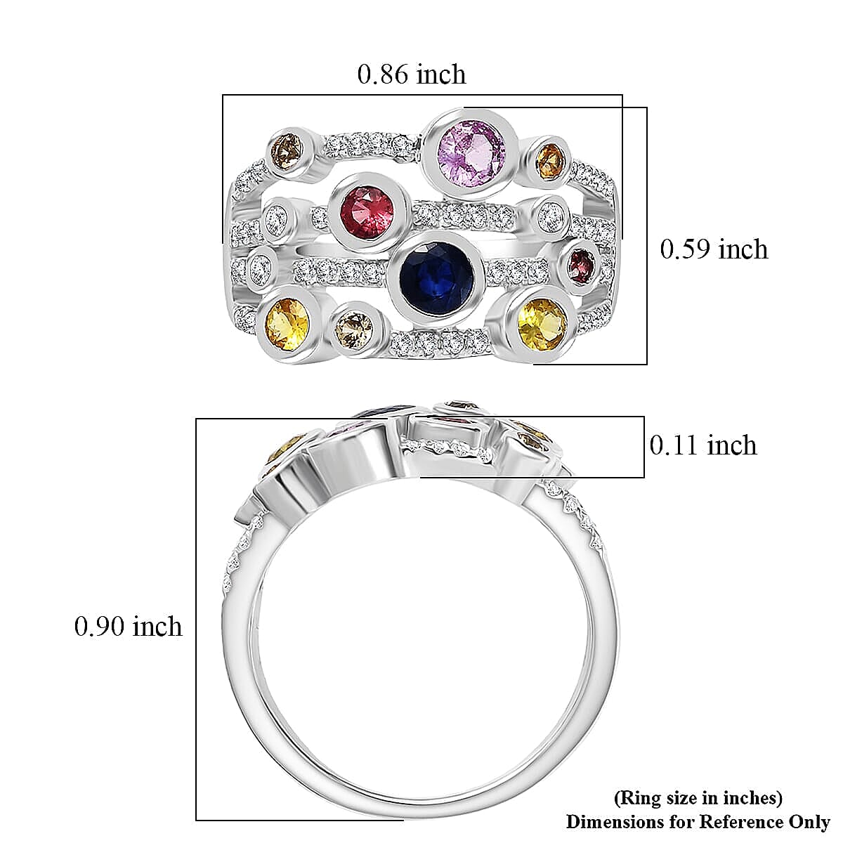 Multi Sapphire, Moissanite Ring in Rhodium Over Sterling Silver (Size 8.0) 1.50 ctw
