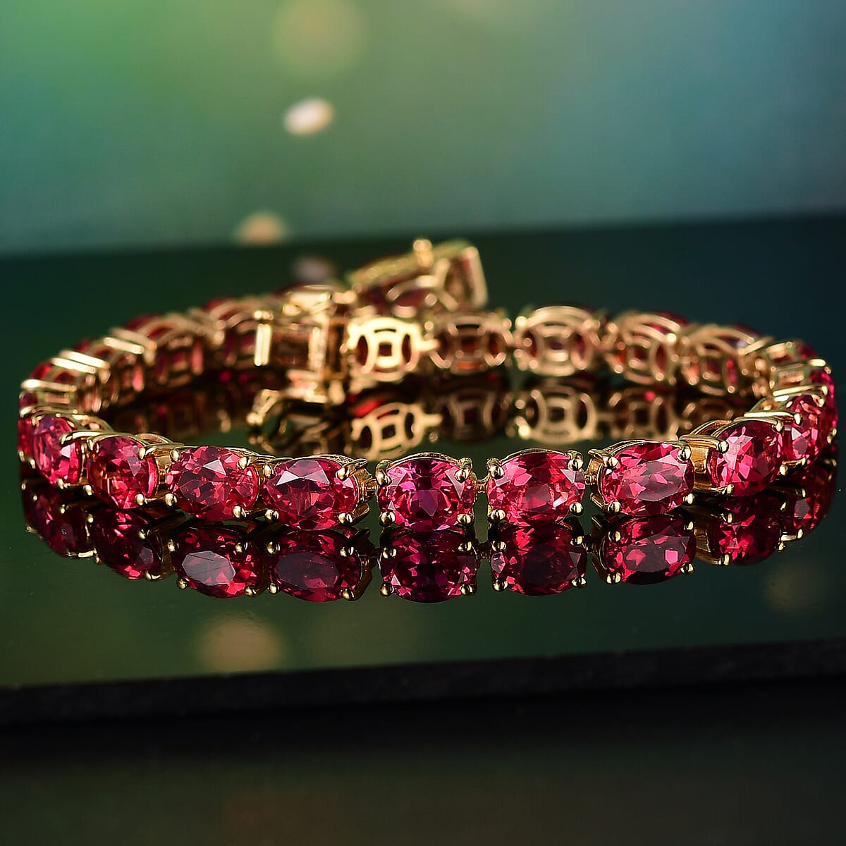 Lab Created Padparadscha Sapphire 39.00 ctw Bracelet in 18K Vermeil Yellow Gold Overr Sterling Silver (7.50 In) image number 1
