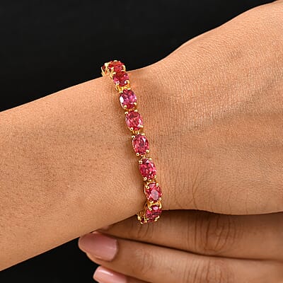 Lab Created Padparadscha Sapphire 39.00 ctw Bracelet in 18K Vermeil Yellow Gold Overr Sterling Silver (7.50 In)