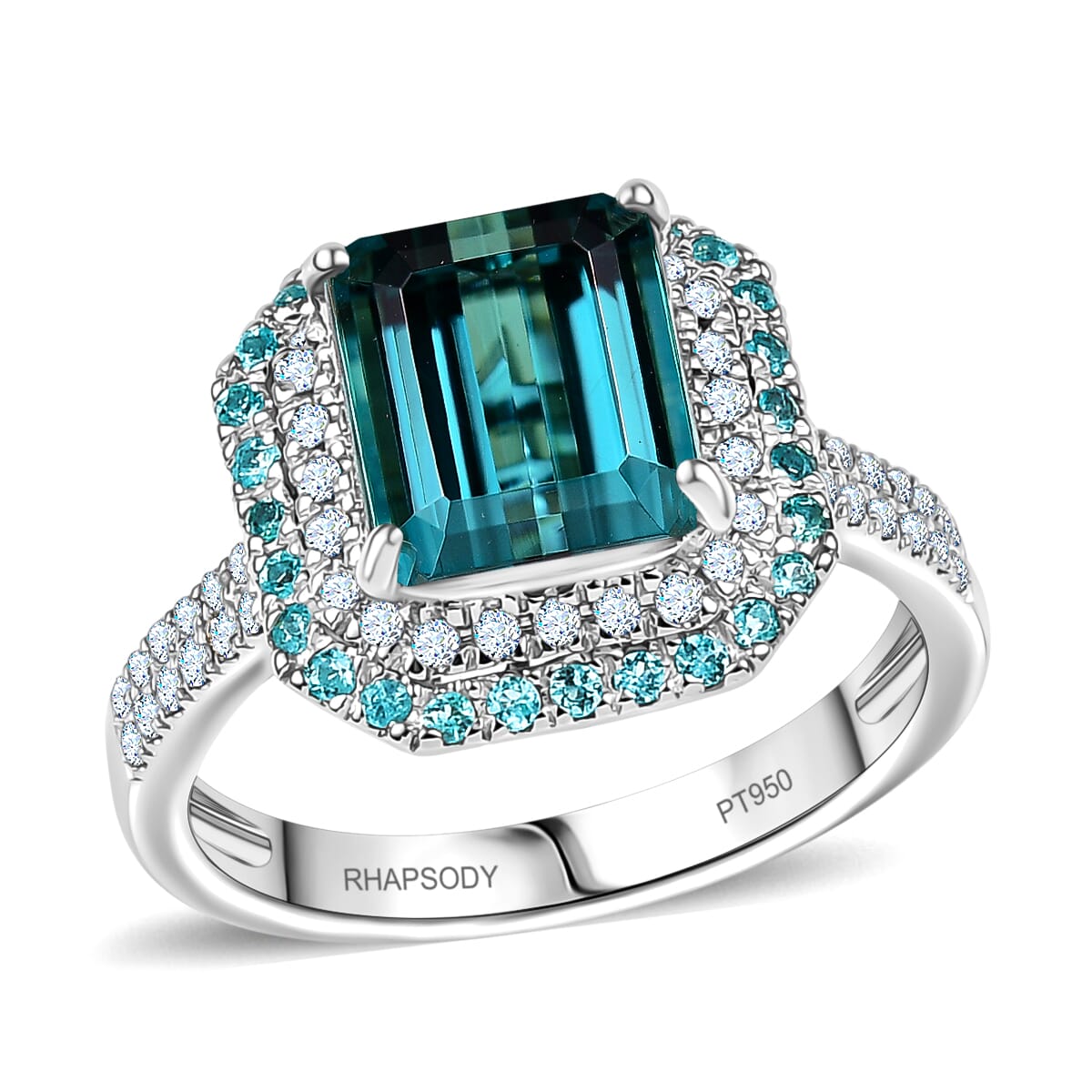 Certified & Appraised Rhapsody AAAA Pirineu Lagoon Tourmaline, Paraiba Tourmaline and E-F VS2 Diamond 5.15 ctw Ring in 950 Platinum (Size 7.0) 8.10 Grams image number 0