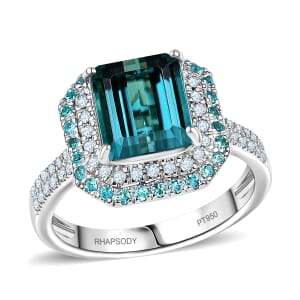 Certified & Appraised Rhapsody AAAA Pirineu Lagoon Tourmaline, Paraiba Tourmaline and E-F VS2 Diamond 5.15 ctw Ring in 950 Platinum (Size 7.0) 8.10 Grams