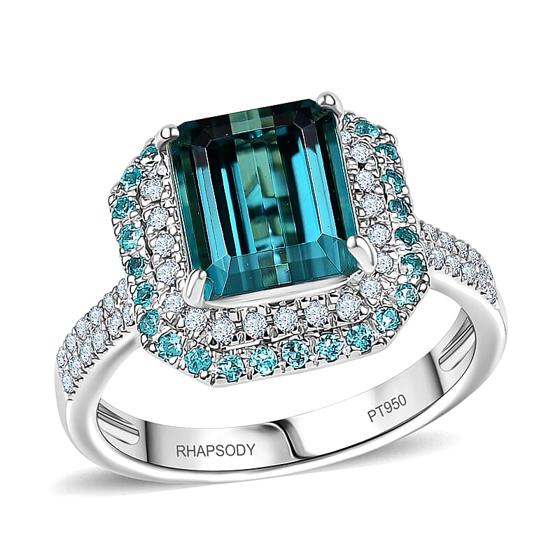 Certified & Appraised Rhapsody AAAA Pirineu Lagoon Tourmaline, Paraiba Tourmaline and E-F VS2 Diamond 5.15 ctw Ring in 950 Platinum (Size 7.0) 8.10 Grams