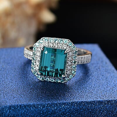 Certified & Appraised Rhapsody AAAA Pirineu Lagoon Tourmaline, Paraiba Tourmaline and E-F VS2 Diamond 5.15 ctw Ring in 950 Platinum (Size 7.0) 8.10 Grams