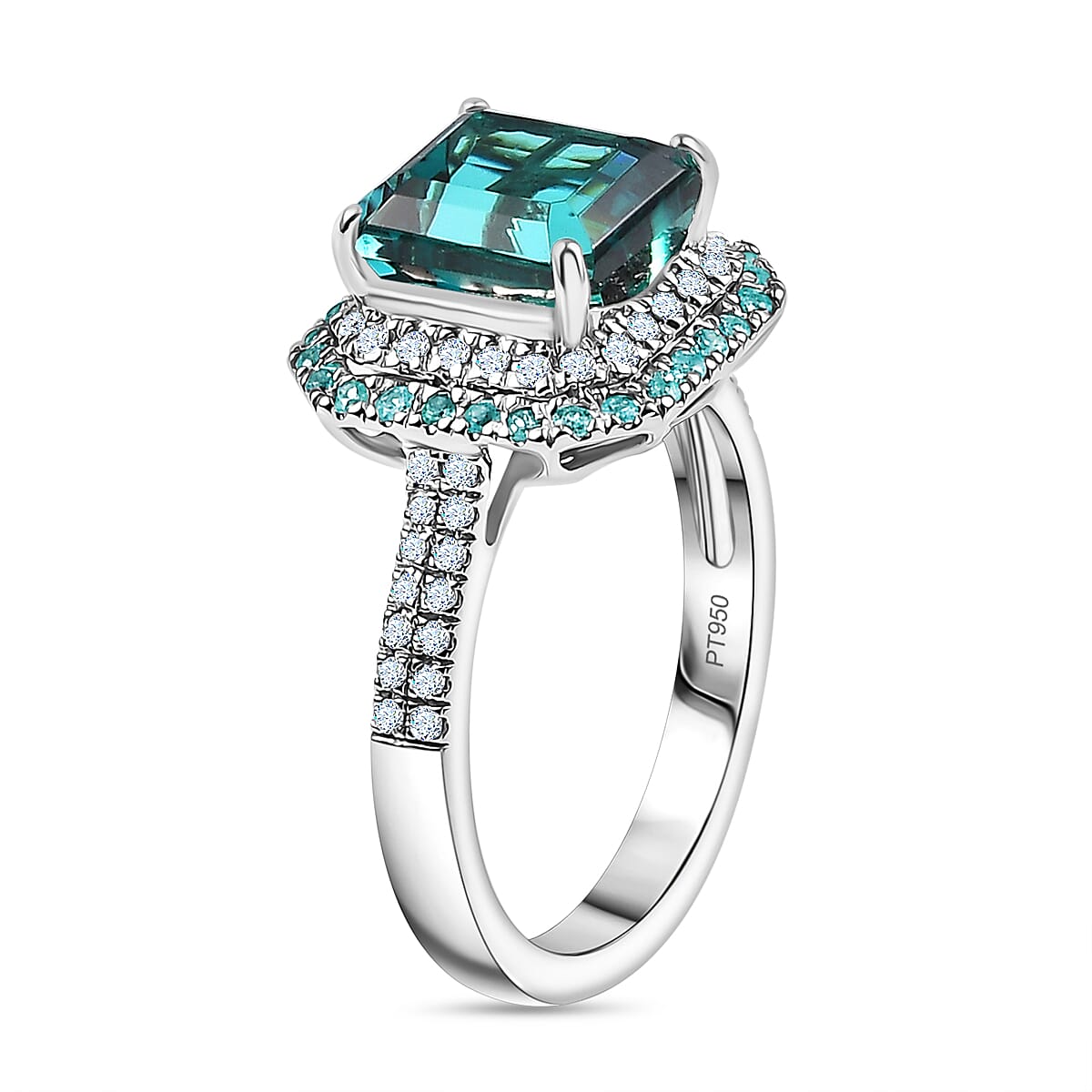 Certified & Appraised Rhapsody AAAA Pirineu Lagoon Tourmaline, Paraiba Tourmaline and E-F VS2 Diamond 5.15 ctw Ring in 950 Platinum (Size 8.0) 8.10 Grams image number 3
