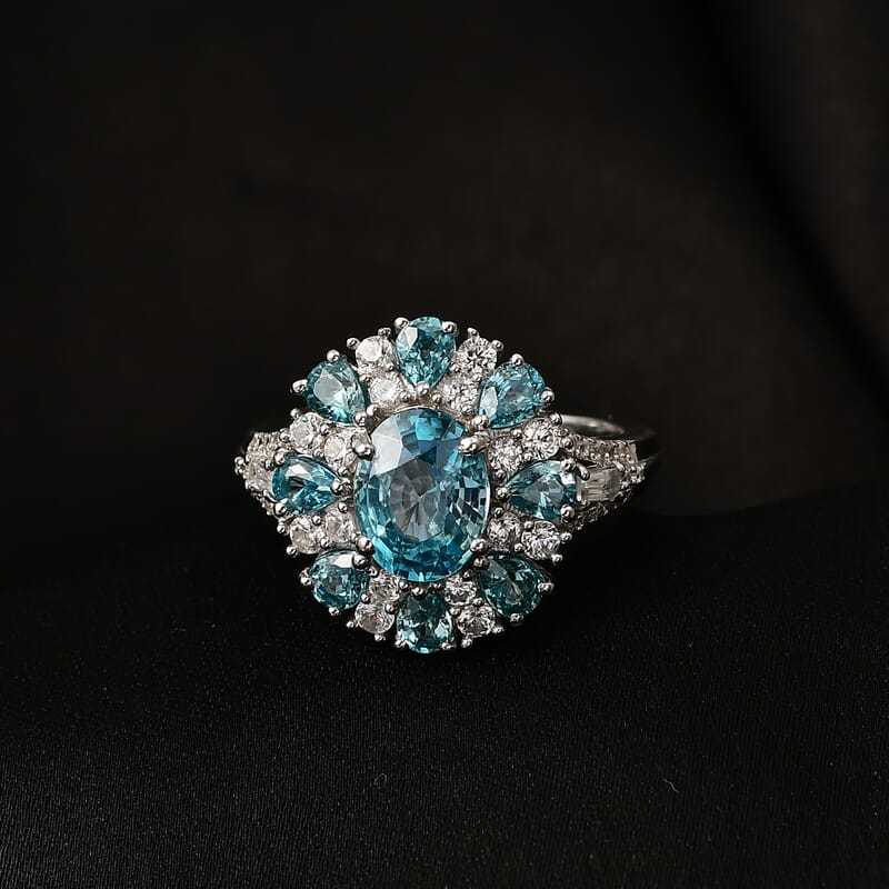 D'Joy Cambodian Blue Zircon and White Zircon 5.90 ctw Sunrays Ring in Rhodium Over Sterling Silver (Size  10.0)