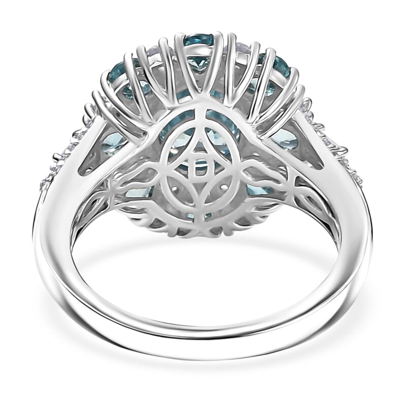 D'Joy Cambodian Blue Zircon and White Zircon 5.90 ctw Sunrays Ring in Rhodium Over Sterling Silver (Size  10.0)