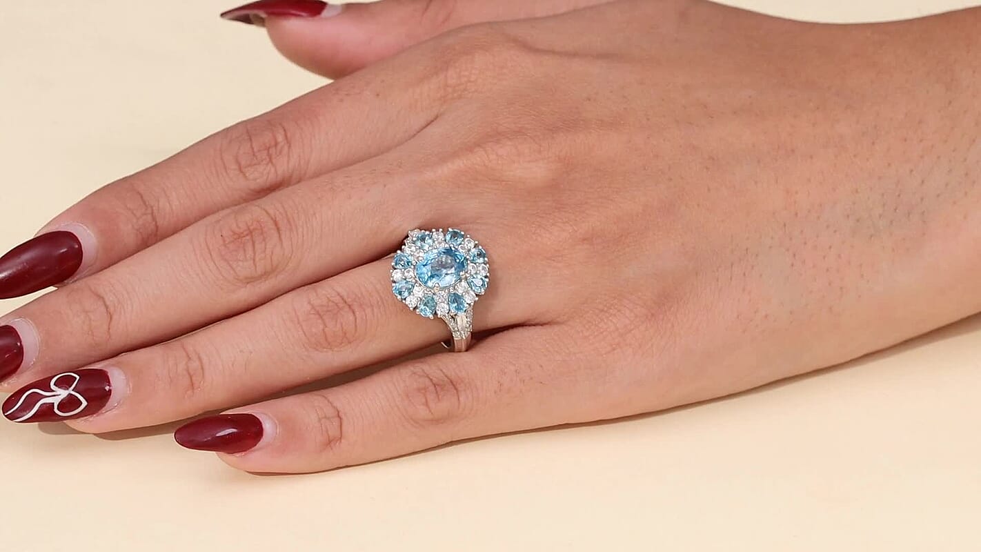 D''Joy Cambodian Blue Zircon, White Zircon Ring in Rhodium Over Sterling Silver (Size 10.0) 5.90 ctw
