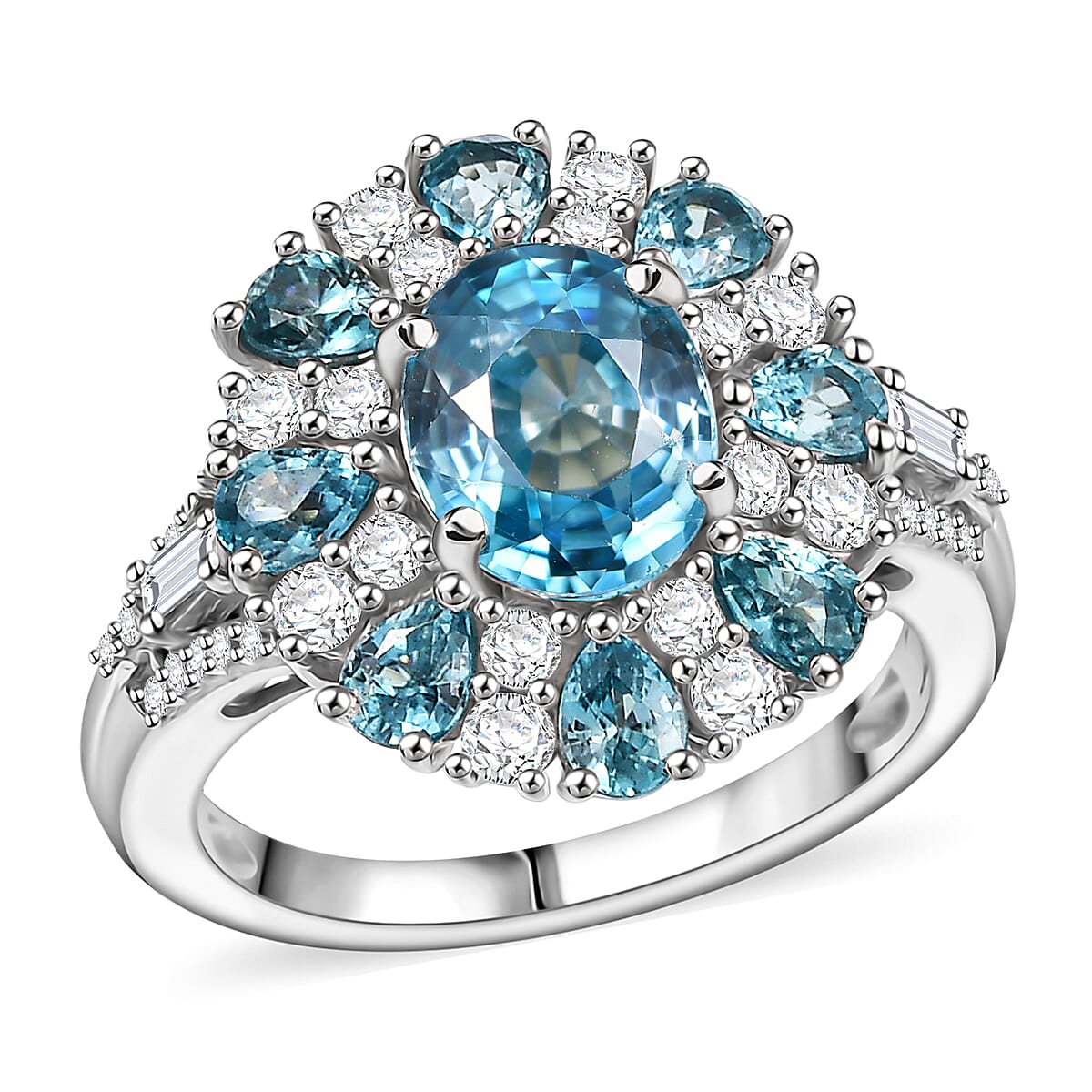 D''Joy Cambodian Blue Zircon, White Zircon Ring in Rhodium Over Sterling Silver (Size 10.0) 5.90 ctw