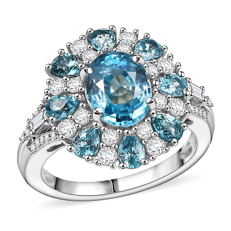 D'Joy Cambodian Blue Zircon and White Zircon 5.90 ctw Sunrays Ring in Rhodium Over Sterling Silver (Size  6.0)
