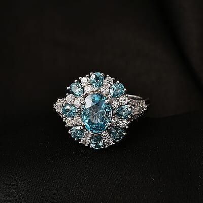 D'Joy Cambodian Blue Zircon and White Zircon 5.90 ctw Sunrays Ring in Rhodium Over Sterling Silver (Size  6.0)