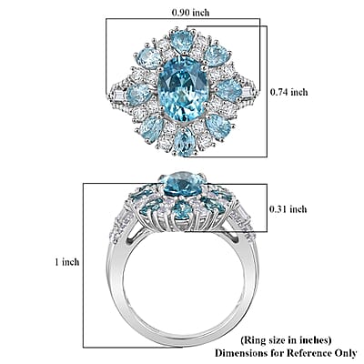 D'Joy Cambodian Blue Zircon and White Zircon 5.90 ctw Sunrays Ring in Rhodium Over Sterling Silver (Size  6.0)
