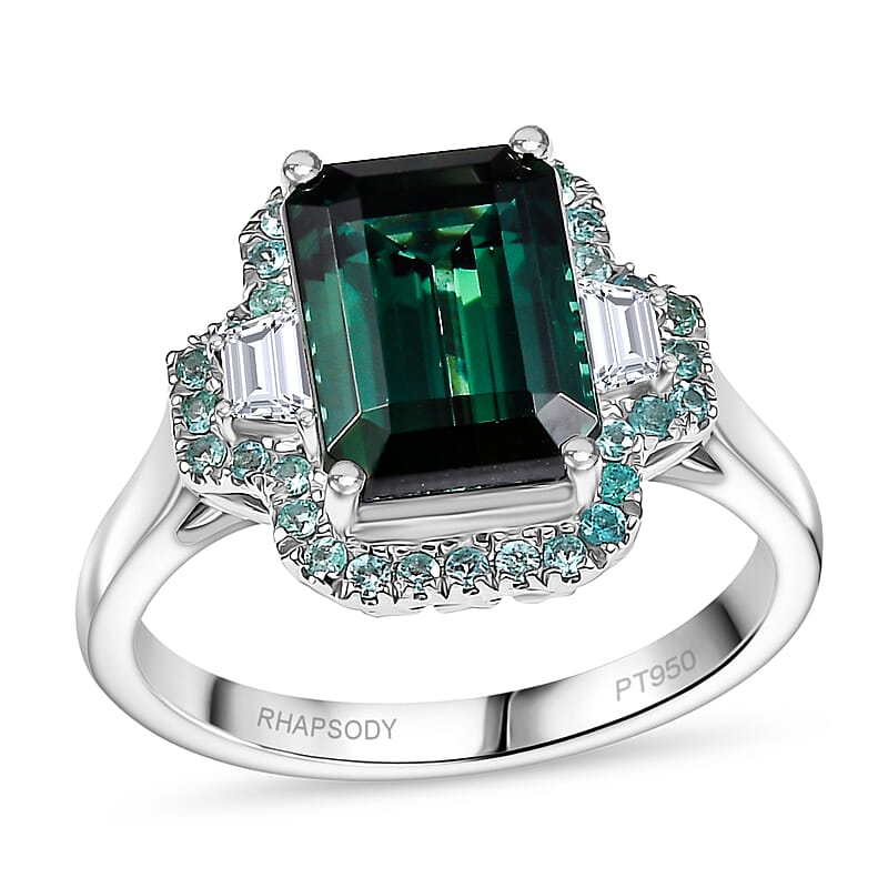 Certified & Appraised Rhapsody AAAA Pirineu Lagoon Tourmaline, Paraiba Tourmaline and E-F VS2 Diamond 5.25 ctw Halo Ring in 950 Platinum (Size 10.0) (Del. in 10-12 Days)