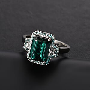 Certified & Appraised Rhapsody AAAA Pirineu Lagoon Tourmaline, Paraiba Tourmaline and E-F VS2 Diamond 5.25 ctw Halo Ring in 950 Platinum (Size 10.0) (Del. in 10-12 Days) 