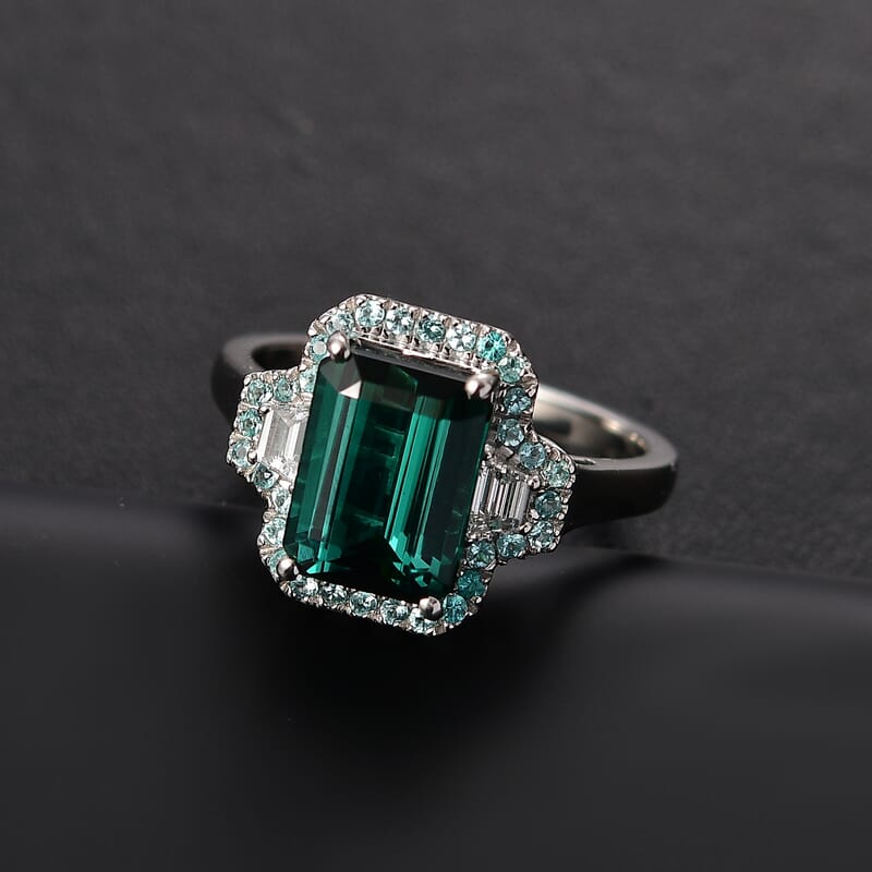 Certified & Appraised Rhapsody AAAA Pirineu Lagoon Tourmaline, Paraiba Tourmaline and E-F VS2 Diamond 5.25 ctw Halo Ring in 950 Platinum (Size 10.0) (Del. in 10-12 Days)