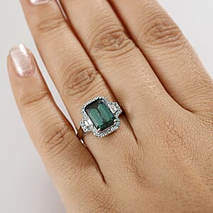 Rhapsody 950 Platinum AAAA Pirineu Lagoon Tourmaline, Paraiba Tourmaline and Diamond (E-F, VS2) (0.30 cts) Halo Ring (Size 11.0) (8.60 g) 5.25 ctw