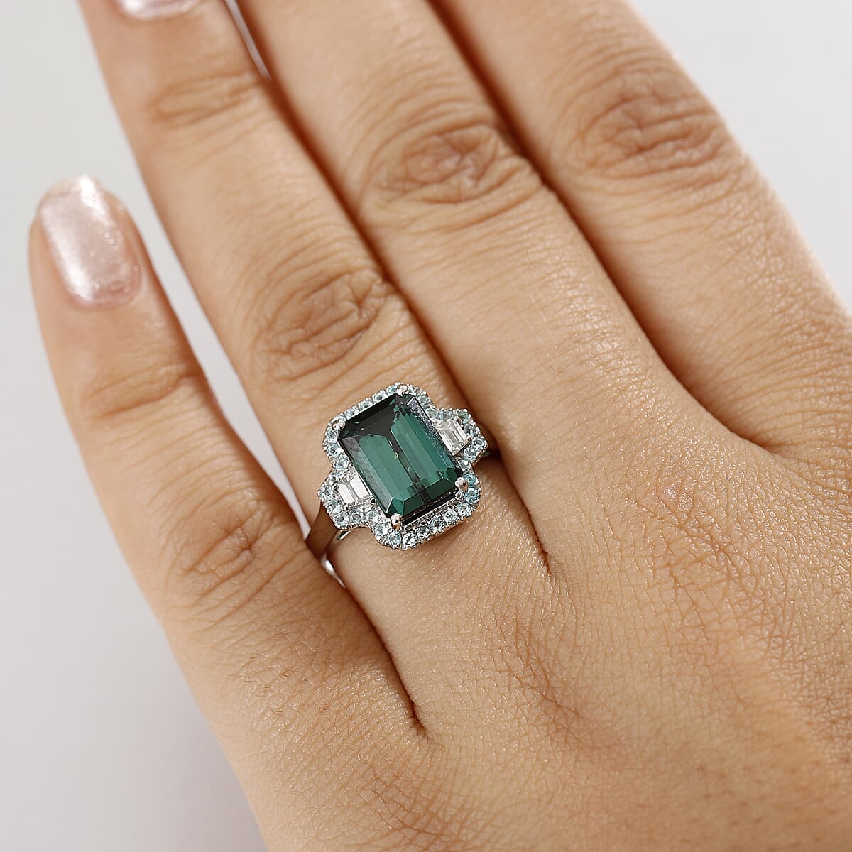 Rhapsody 950 Platinum AAAA Pirineu Lagoon Tourmaline, Paraiba Tourmaline and Diamond (E-F, VS2) (0.30 cts) Halo Ring (Size 7.5) (8.60 g) 5.25 ctw image number 2