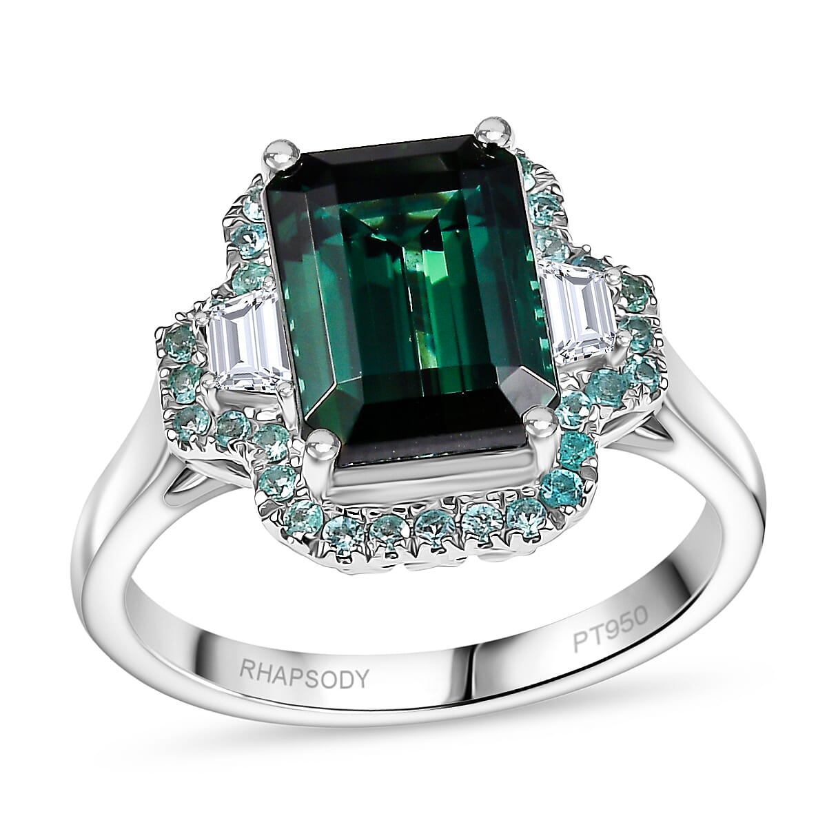 Rhapsody 950 Platinum AAAA Pirineu Lagoon Tourmaline, Paraiba Tourmaline and Diamond (E-F, VS2) (0.30 cts) Halo Ring (Size 9.5) (8.60 g) 5.25 ctw image number 0