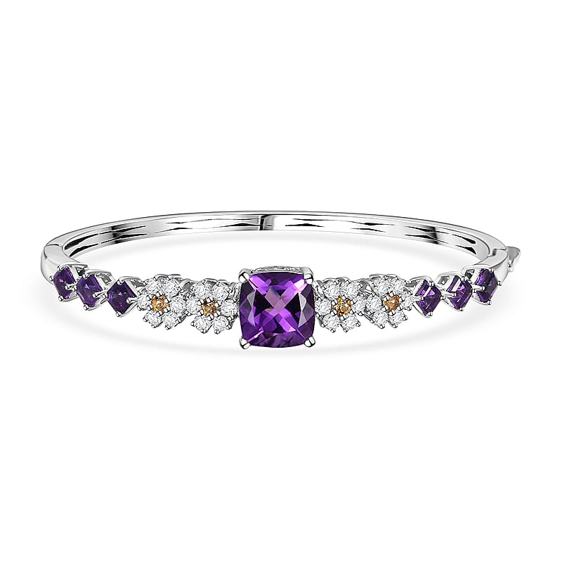 GP Italian Garden Collection African Amethyst and Multi Gemstone 9.60 ctw Bangle Bracelet in Rhodium Over Sterling Silver (7.25 In)