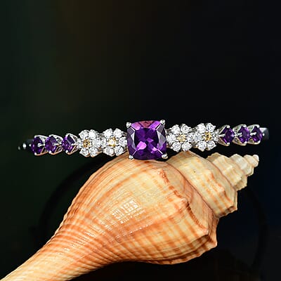 GP Italian Garden Collection African Amethyst and Multi Gemstone 9.60 ctw Bangle Bracelet in Rhodium Over Sterling Silver (7.25 In)