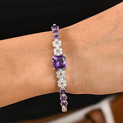 GP Italian Garden Collection African Amethyst and Multi Gemstone 9.60 ctw Bangle Bracelet in Rhodium Over Sterling Silver (7.25 In)