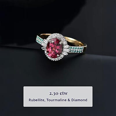 Certified & Appraised Luxoro AAAA Ouro Fino Rubellite, Paraiba Tourmaline and I2 Diamond 2.30 ctw Ring in 10K Yellow Gold (Size 8.0)