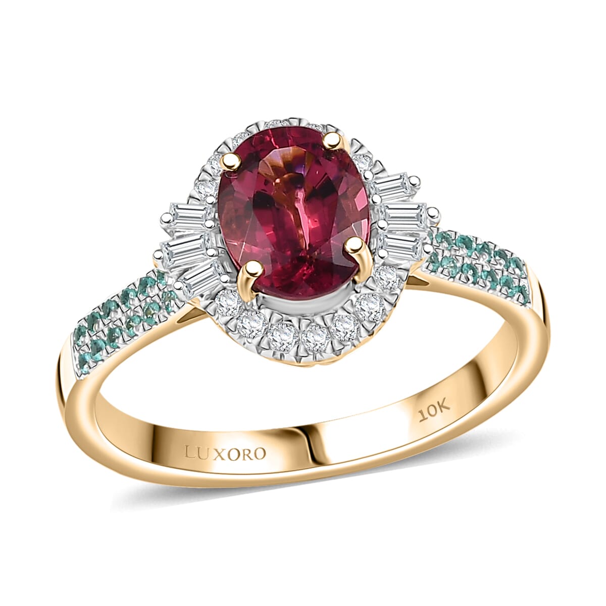 Certified & Appraised Luxoro AAAA Ouro Fino Rubellite, Paraiba Tourmaline and I2 Diamond 2.30 ctw Ring in 10K Yellow Gold (Size 9.0) image number 0