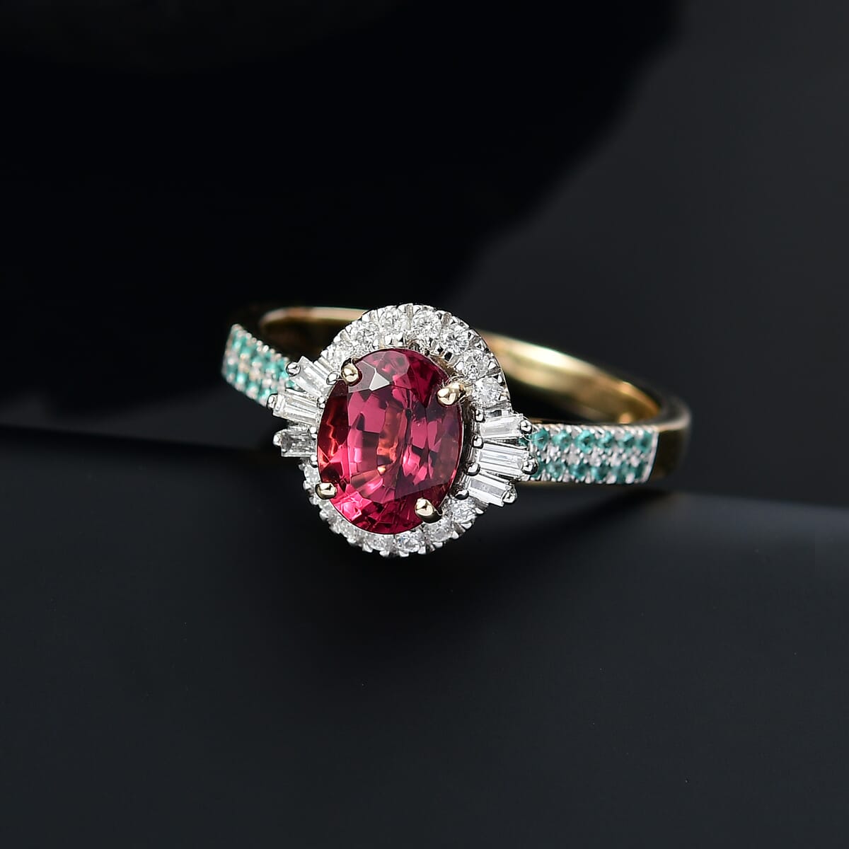 Certified & Appraised Luxoro AAAA Ouro Fino Rubellite, Paraiba Tourmaline and I2 Diamond 2.30 ctw Ring in 10K Yellow Gold (Size 9.0) image number 1