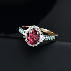 Certified & Appraised Luxoro AAAA Ouro Fino Rubellite, Paraiba Tourmaline and I2 Diamond 2.30 ctw Ring in 10K Yellow Gold (Size 9.0)