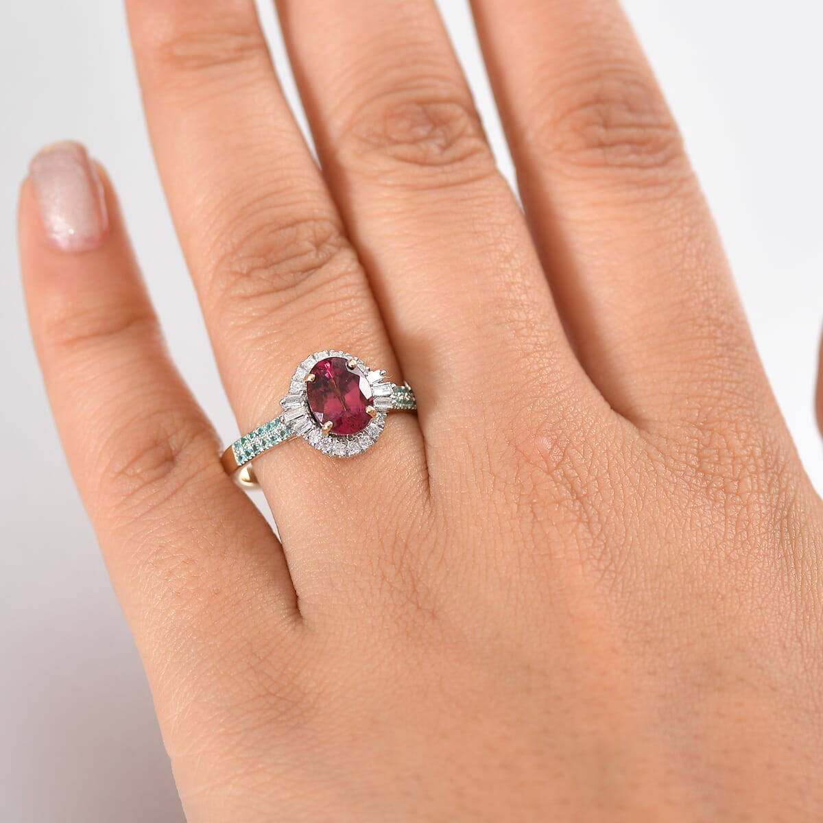 Certified & Appraised Luxoro AAAA Ouro Fino Rubellite, Paraiba Tourmaline and I2 Diamond 2.30 ctw Ring in 10K Yellow Gold (Size 9.0) image number 2