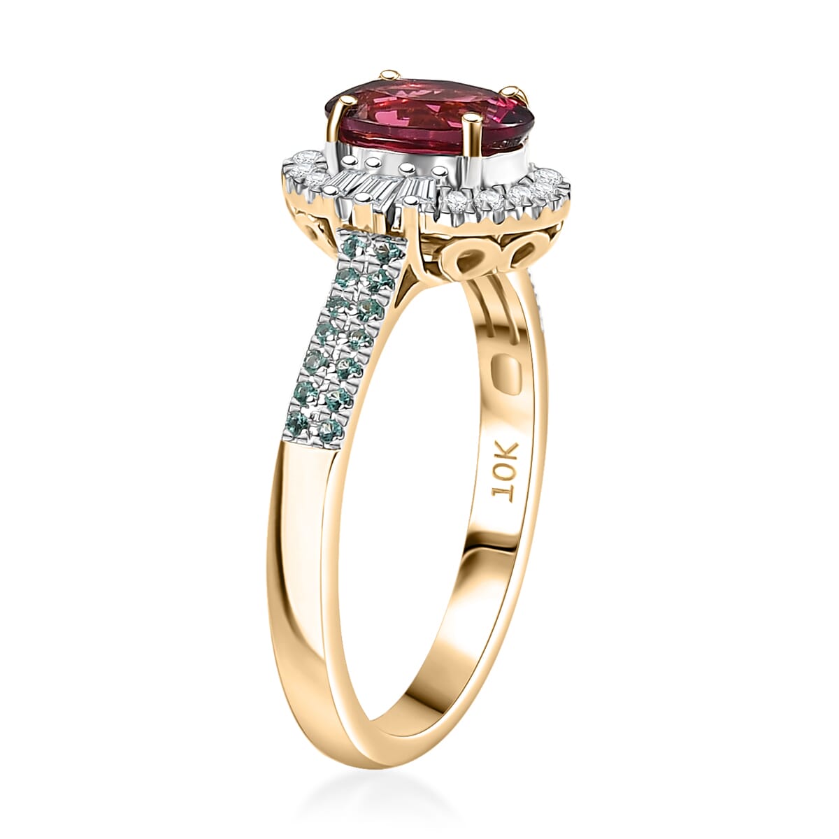 Certified & Appraised Luxoro AAAA Ouro Fino Rubellite, Paraiba Tourmaline and I2 Diamond 2.30 ctw Ring in 10K Yellow Gold (Size 9.0) image number 3