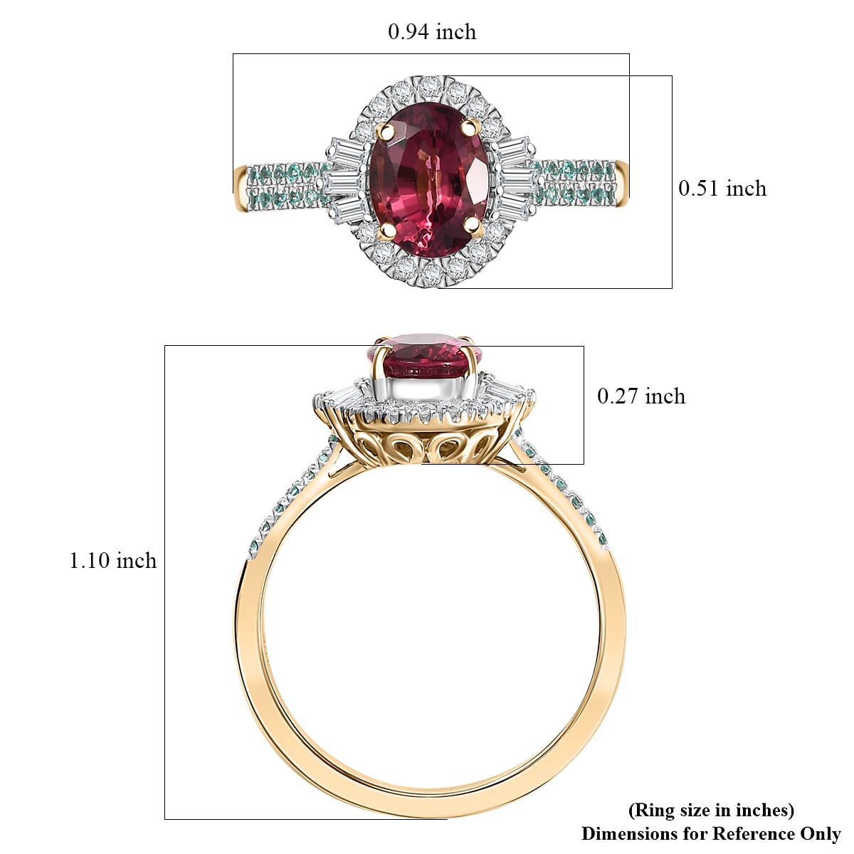 Certified & Appraised Luxoro AAAA Ouro Fino Rubellite, Paraiba Tourmaline and I2 Diamond 2.30 ctw Ring in 10K Yellow Gold (Size 9.0) image number 5