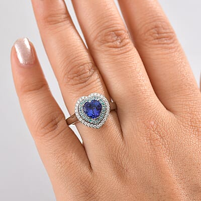 Certified & Appraised Rhapsody AAAA Tanzanite, Paraiba Tourmaline and E-F VS2 Diamond 2.20 ctw Heart Ring in 950 Platinum (Size 10.0) 8.80 Grams