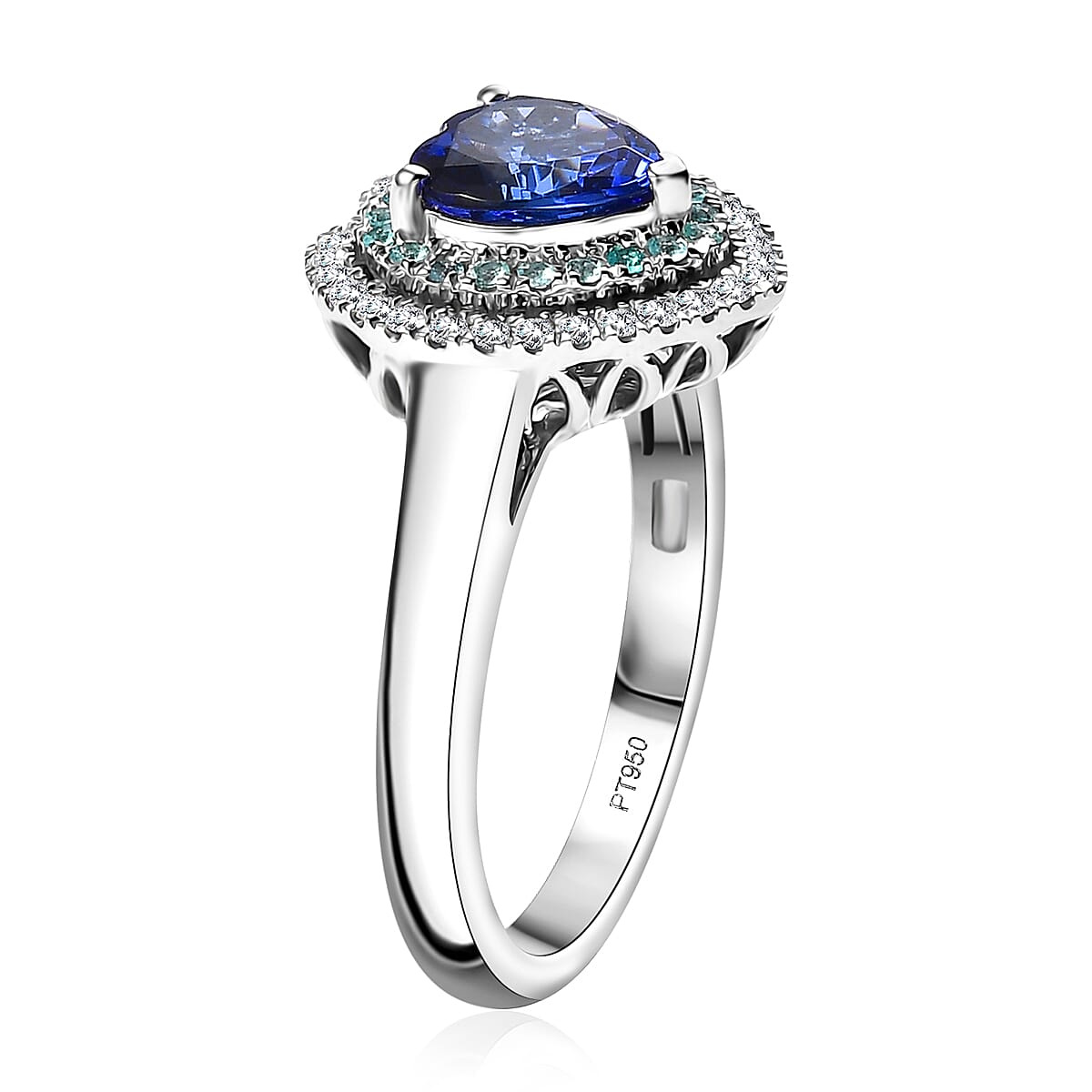 Certified & Appraised Rhapsody AAAA Tanzanite, Paraiba Tourmaline and E-F VS2 Diamond 2.20 ctw Heart Ring in 950 Platinum (Size 10.0) 8.80 Grams